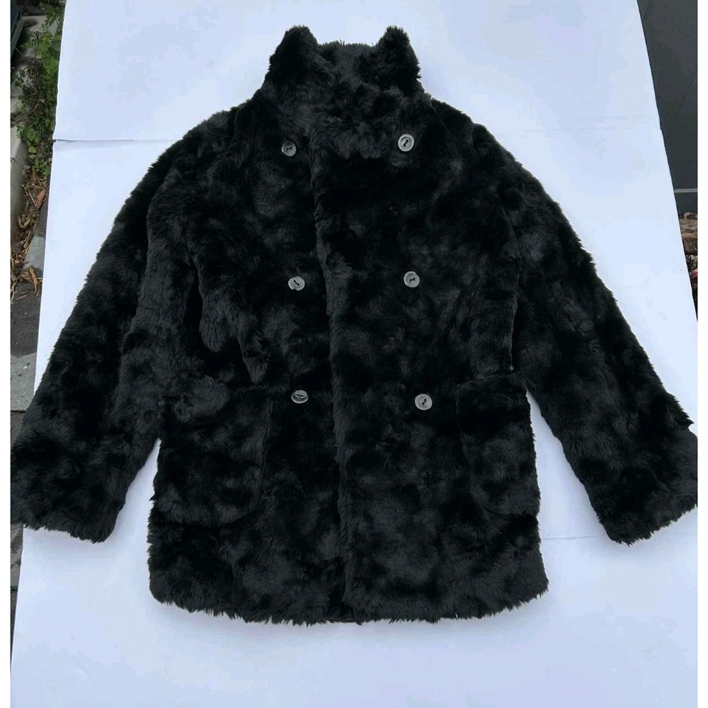 Uniqlo Women's Small Black‎ Faux Fur Coat Double Breasted Soft Warm Jacket Small